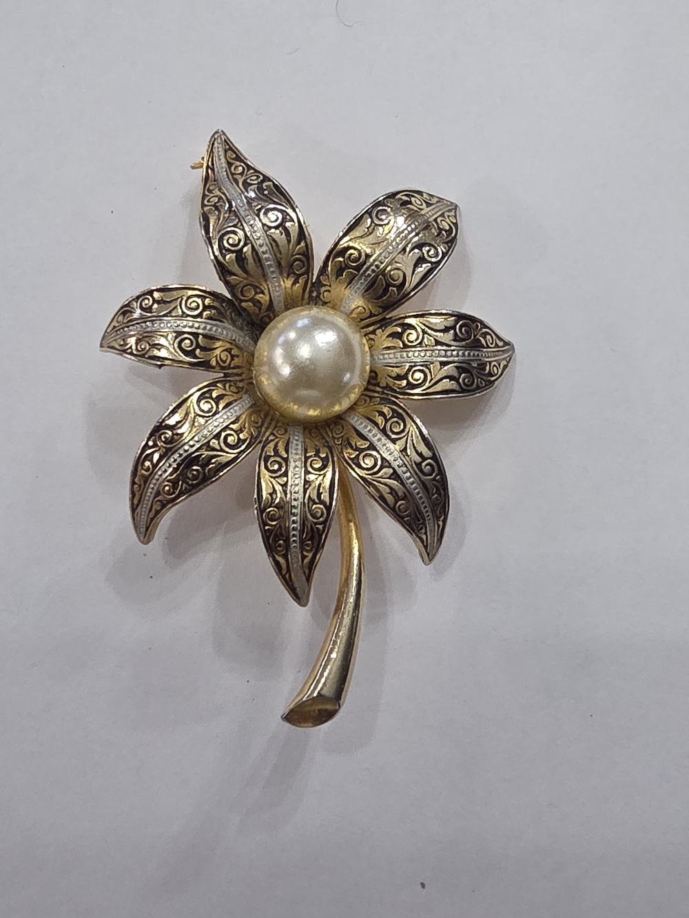 Vintage Toledo Ware Faux Pearl Center, Damascene Black Silver Gold Brooch